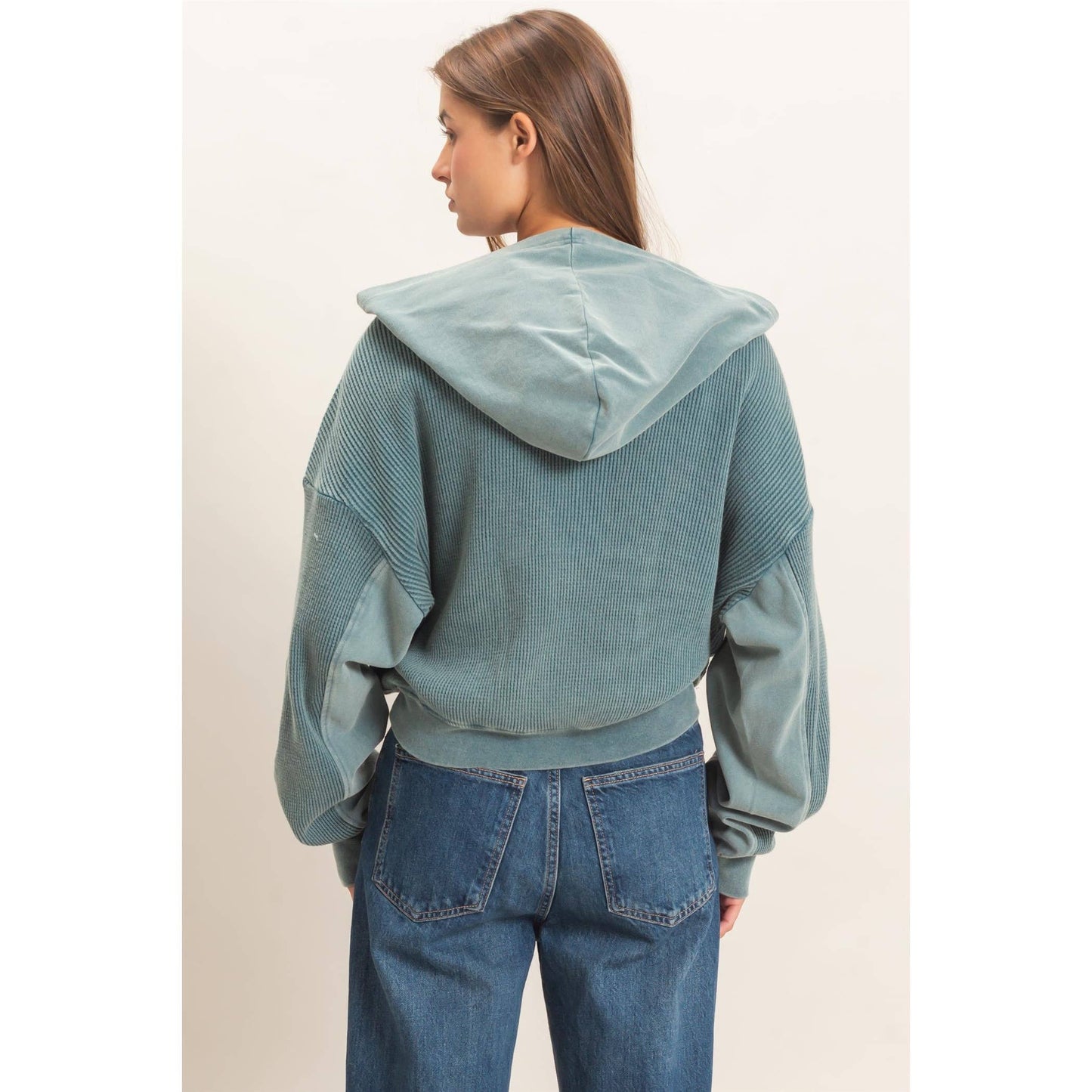 Acid Wash Waffle Knit Zip-Up Hoodie-Teal
