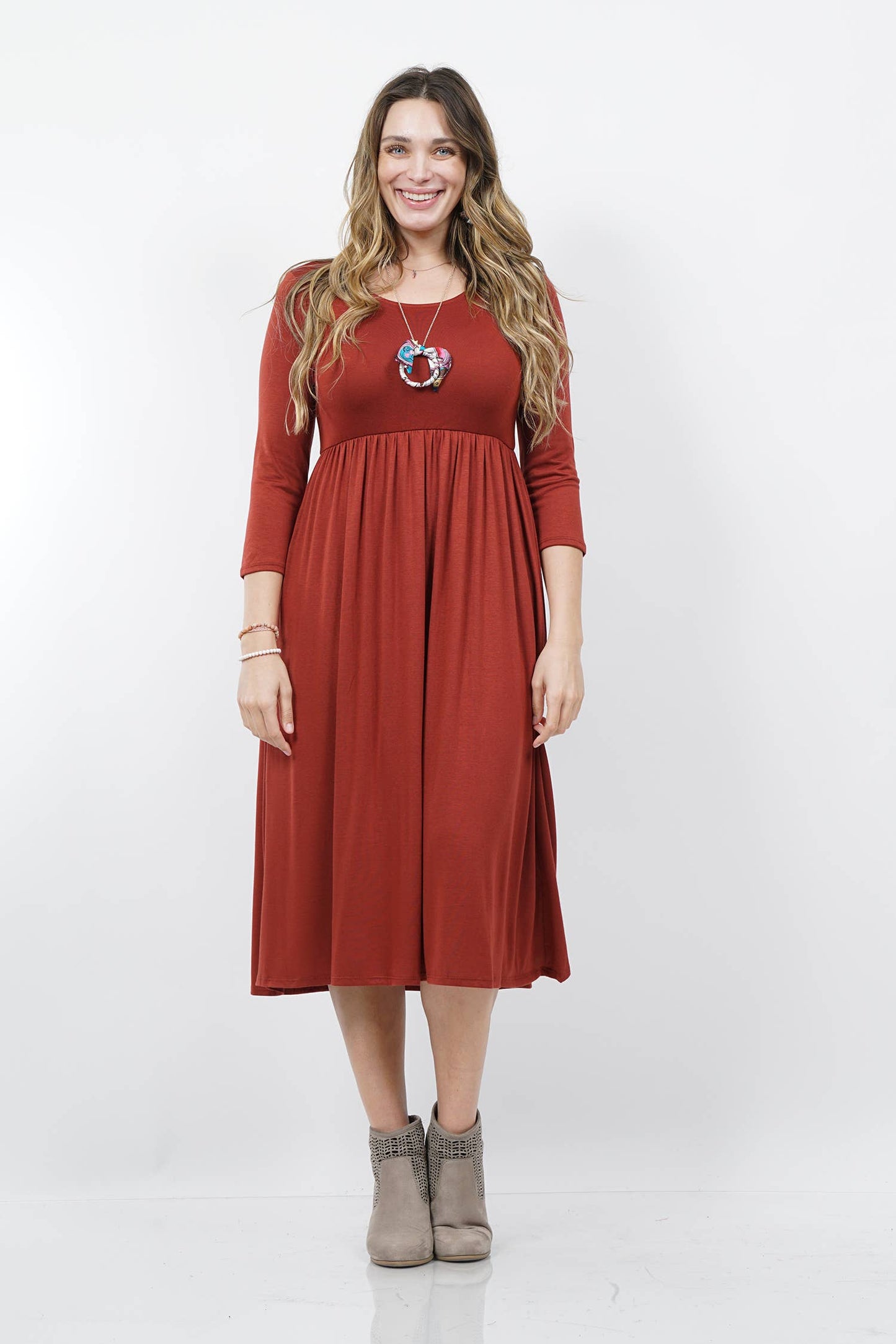 PLUS SIZE 3/4 sleeves empire shirring dress with pockets