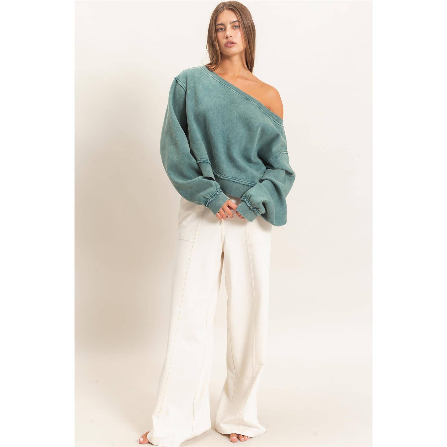 Raw Edge Acid Wash Off The Shoulder Sweatshirt-Brown