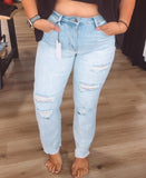 Light wash distressed mom jeans