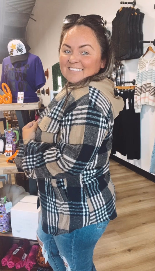 Olivia’s Oversized plaid flannel shacket with hoodie and pockets-Navy