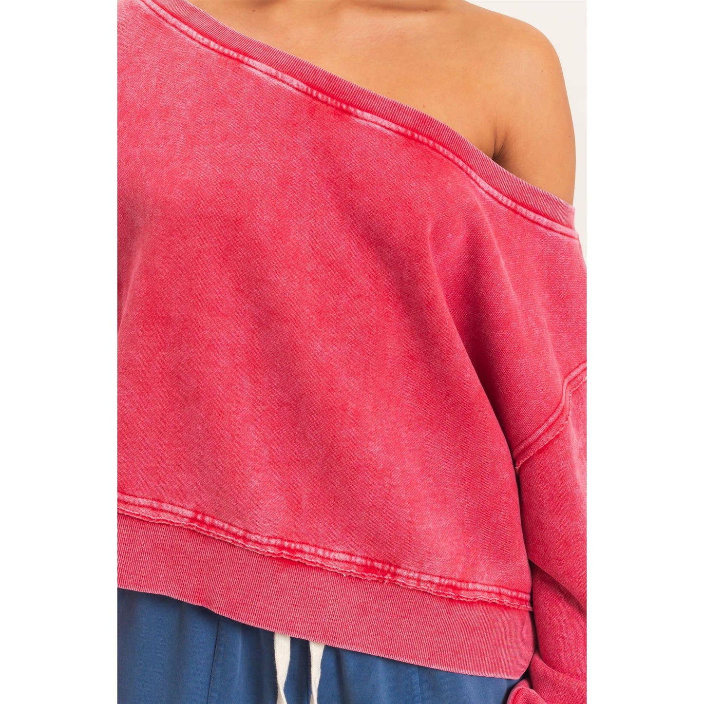 Raw Edge Acid Wash Off The Shoulder Sweatshirt-Brown