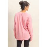 Mineral Washed Drop Shoulder Long Sleeve Tee-Pink