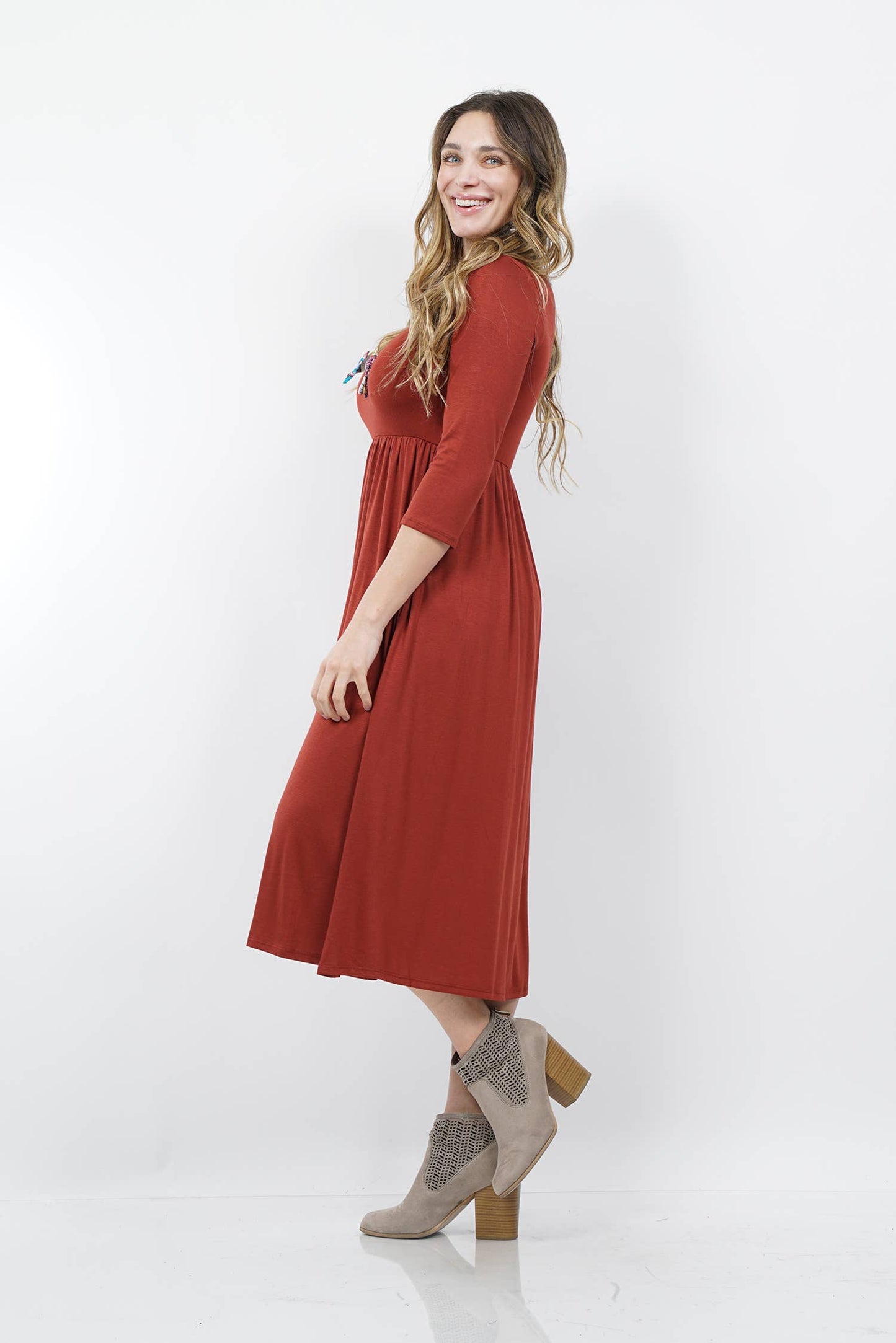 PLUS SIZE 3/4 sleeves empire shirring dress with pockets