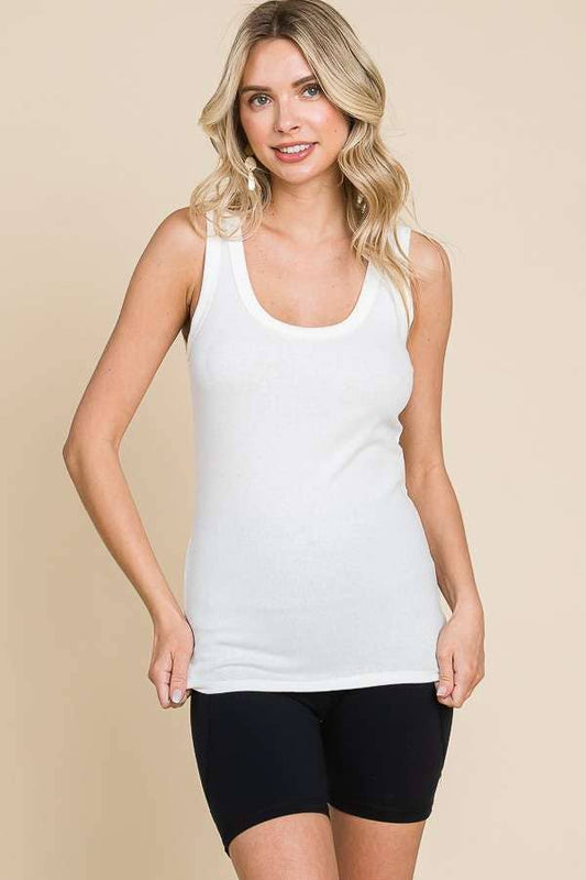 Scoop Neck Solid Tank Top-White