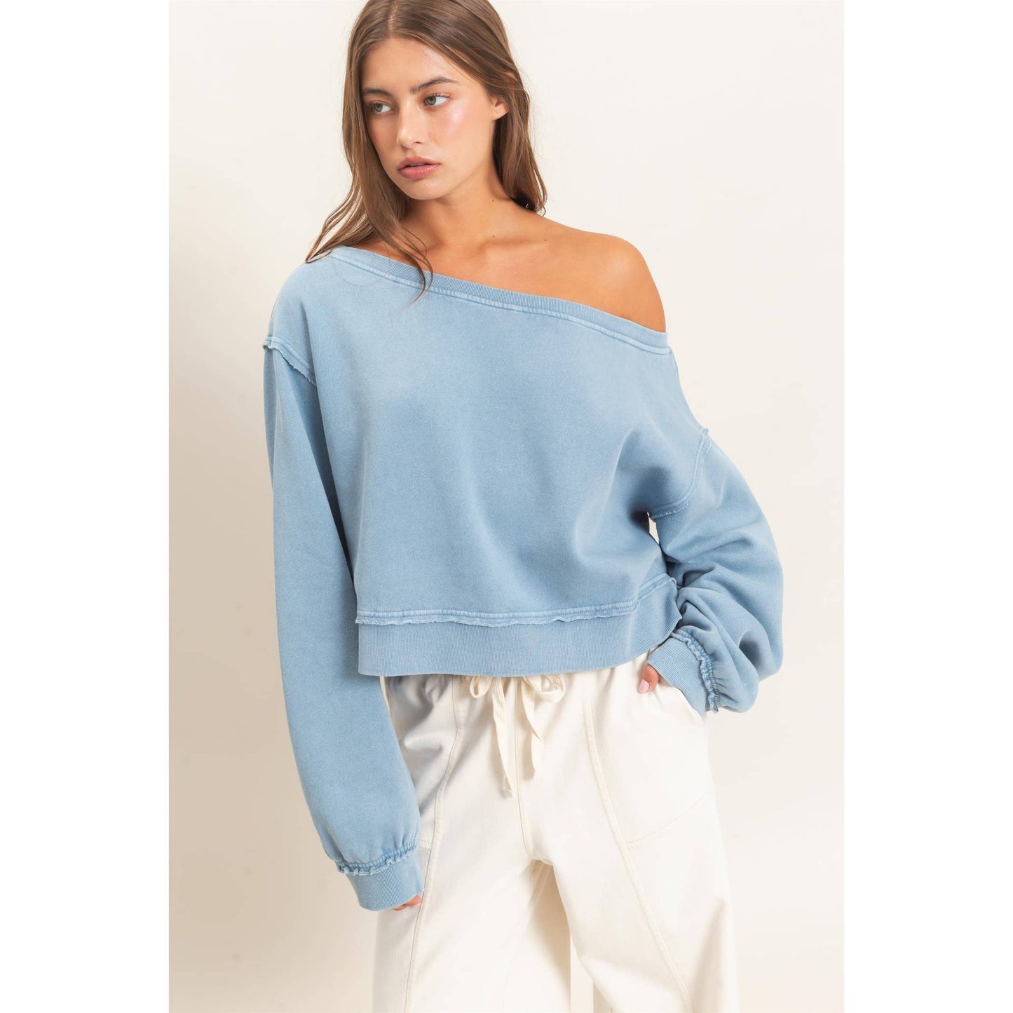 Raw Edge Acid Wash Off The Shoulder Sweatshirt-Brown