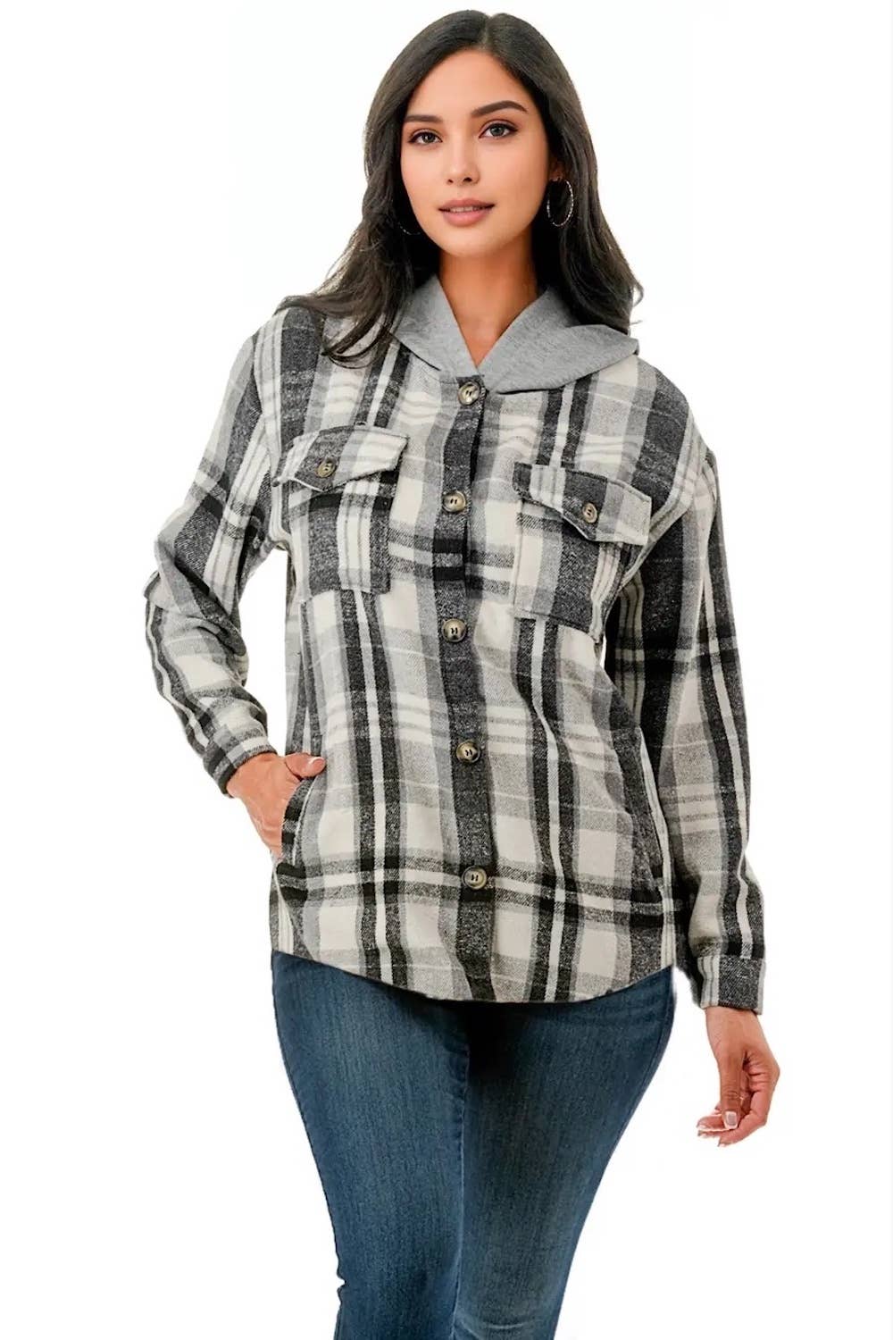 Olivia’s Oversized plaid flannel shacket with hoodie and pockets-Black