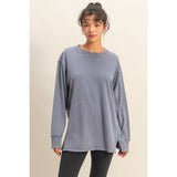 Mineral Washed Drop Shoulder Long Sleeve Tee-Navy