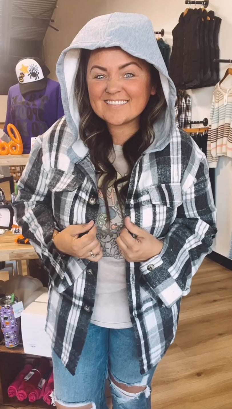 Olivia’s Oversized plaid flannel shacket with hoodie and pockets-Black