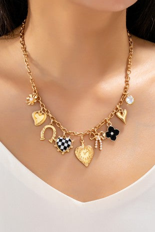 Charm necklace bow checker heart