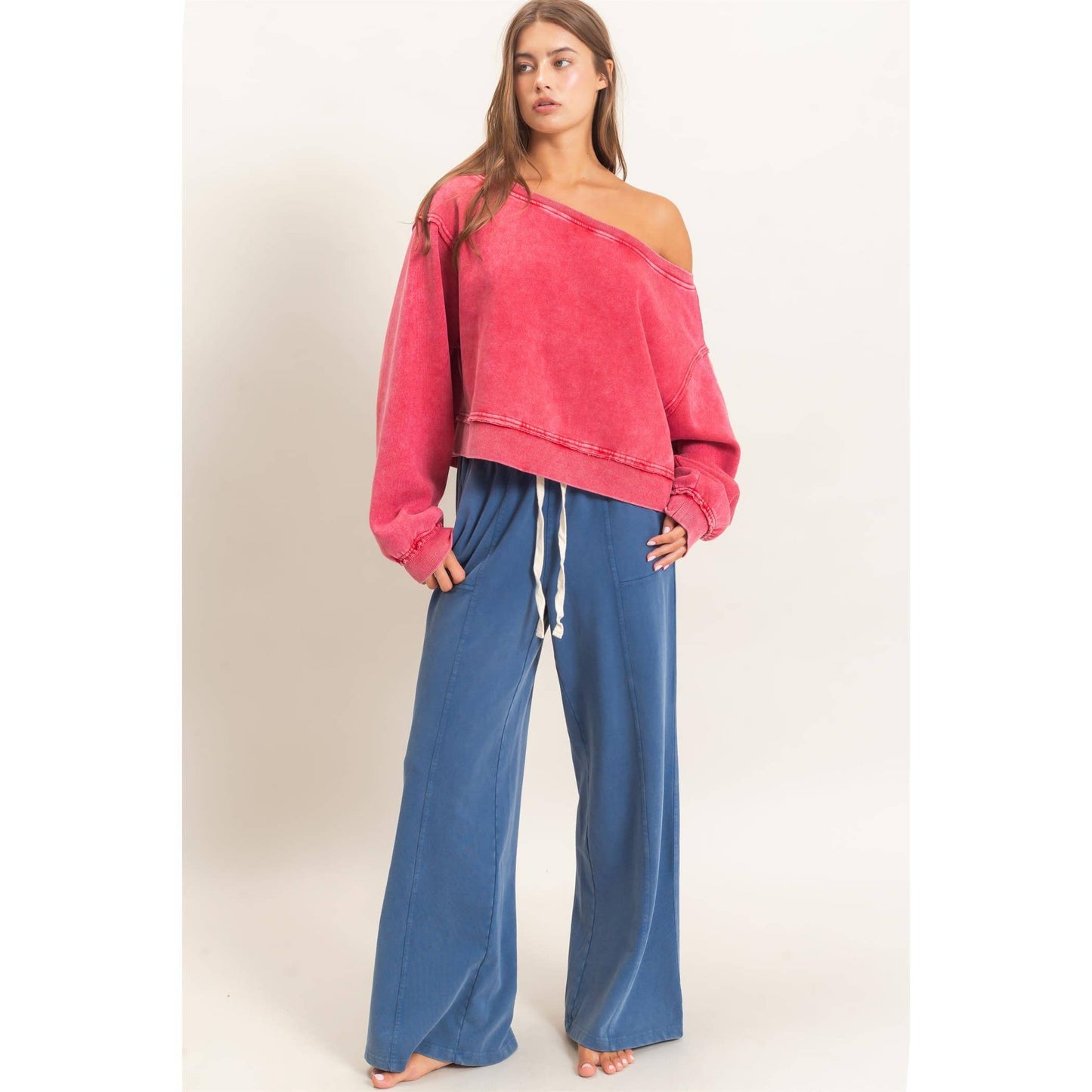 Raw Edge Acid Wash Off The Shoulder Sweatshirt-Brown