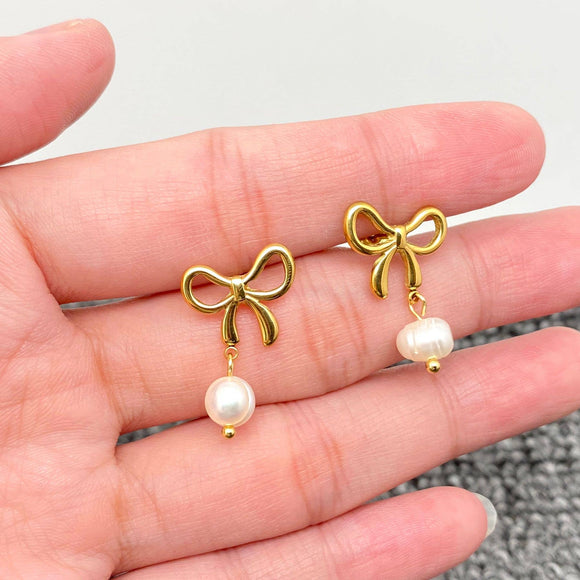 Pearl Charm18K Gold Plated SS Bow Post Earrings