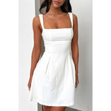 Solid Square Neck Fit Sleeveless Short Dress: WHITE
