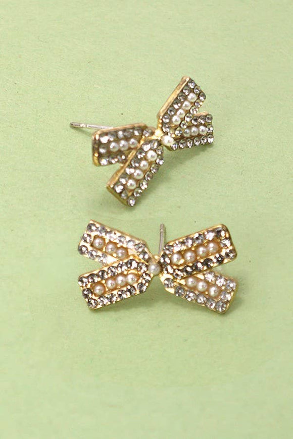 RHINESTONE PEARL BOW RIBBON STUD EARRINGS