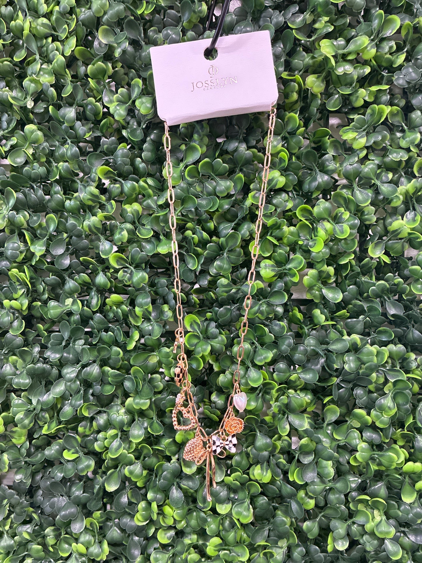 Bow heart checkered pearl charm necklace