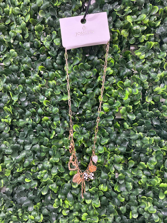 Bow heart checkered pearl charm necklace