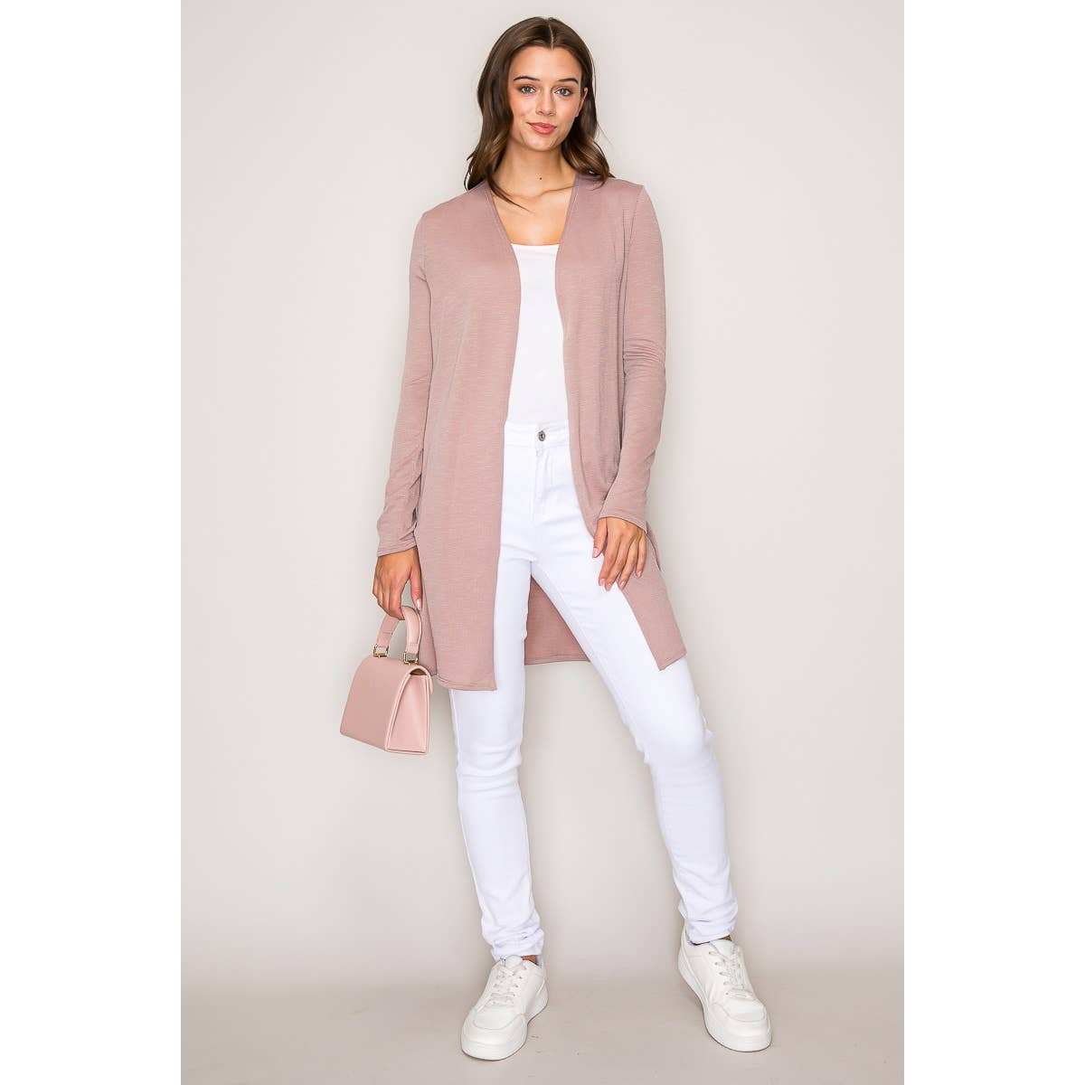 Lightweight Open Front Long Sleeve Robe Cardigan-Pink