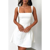 Solid Square Neck Fit Sleeveless Short Dress: WHITE
