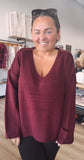 Wide V-Neck Oversized Sweater Top with Side Slit