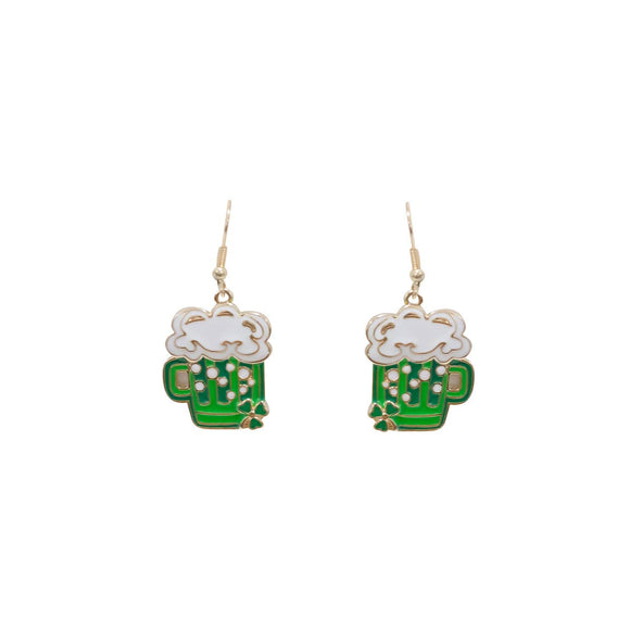 Gold Green Clover Beer Dangle  Earrings