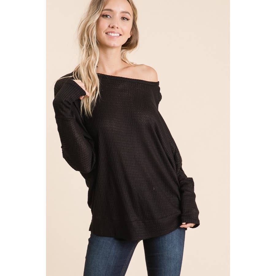 Whitney’s off the shoulder waffle knit top-Black