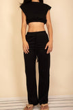 Elastic Hem Crop Top & Wide Leg Pants Set: Black
