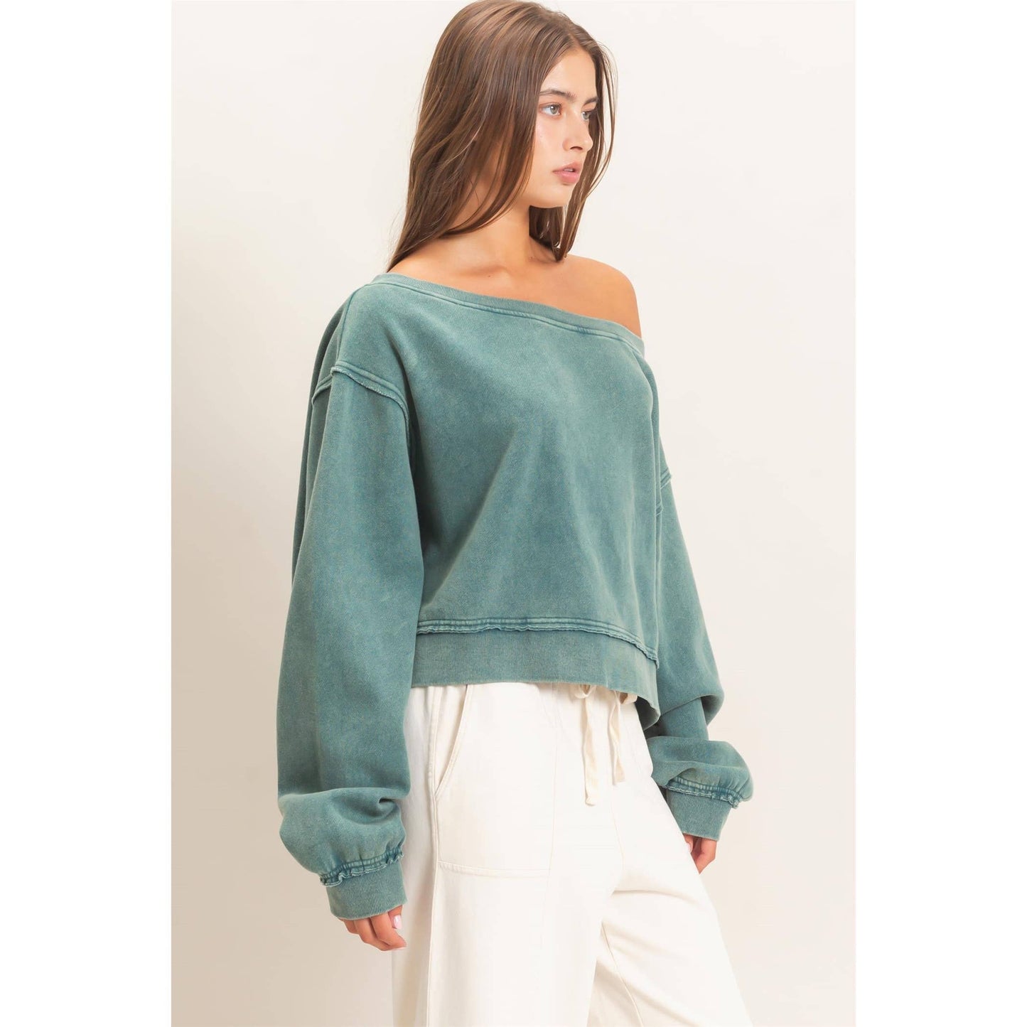 Raw Edge Acid Wash Off The Shoulder Sweatshirt-Brown