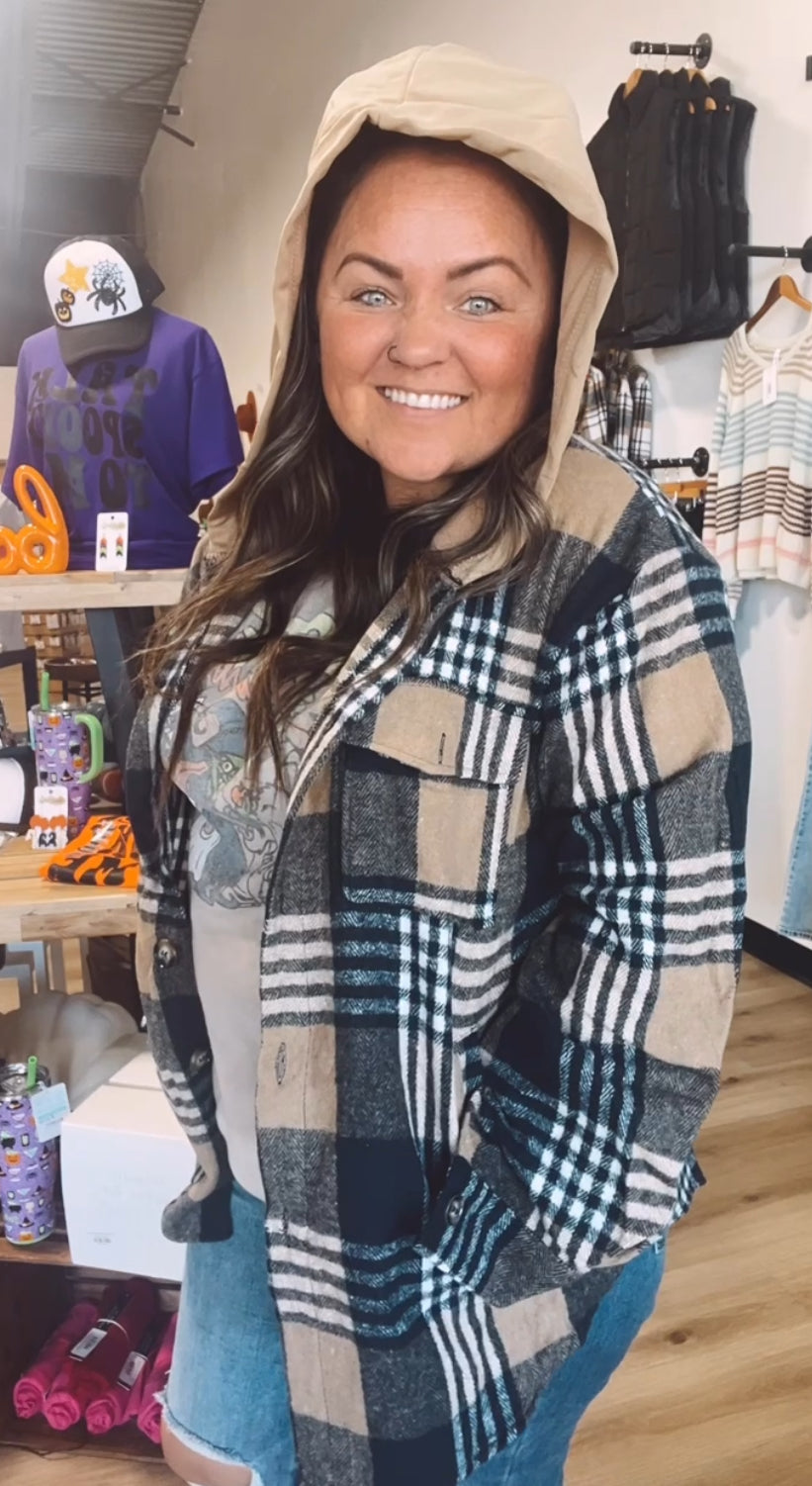 Olivia’s Oversized plaid flannel shacket with hoodie and pockets-Navy