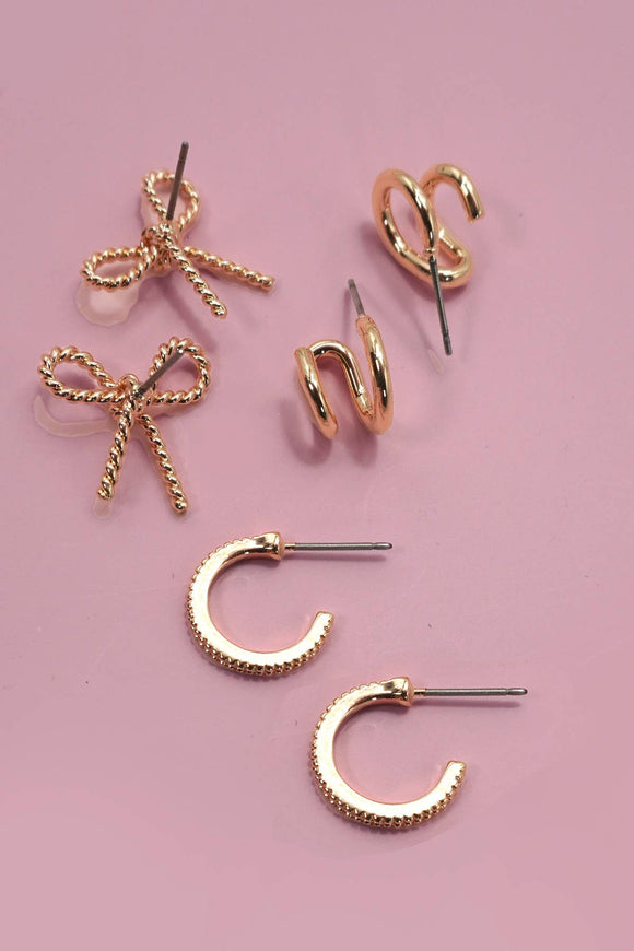 TRIO HUGGIE BOW HOOP TITANIUM POST EARRINGS