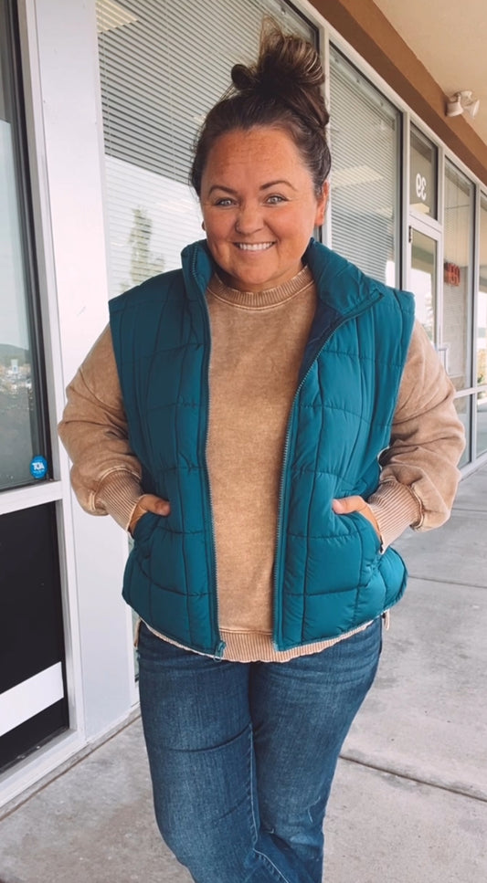 Solid Puffer Padded Warm Vest: Teal