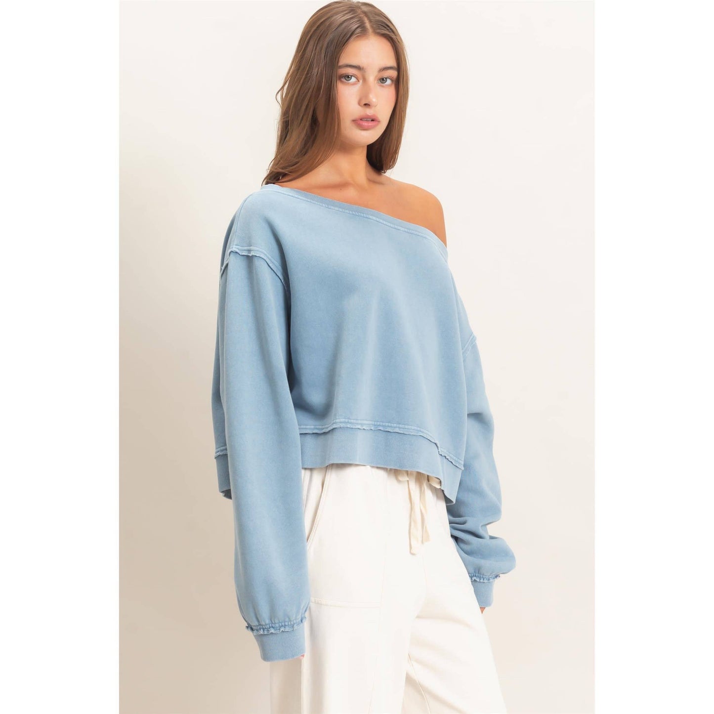 Raw Edge Acid Wash Off The Shoulder Sweatshirt-Brown