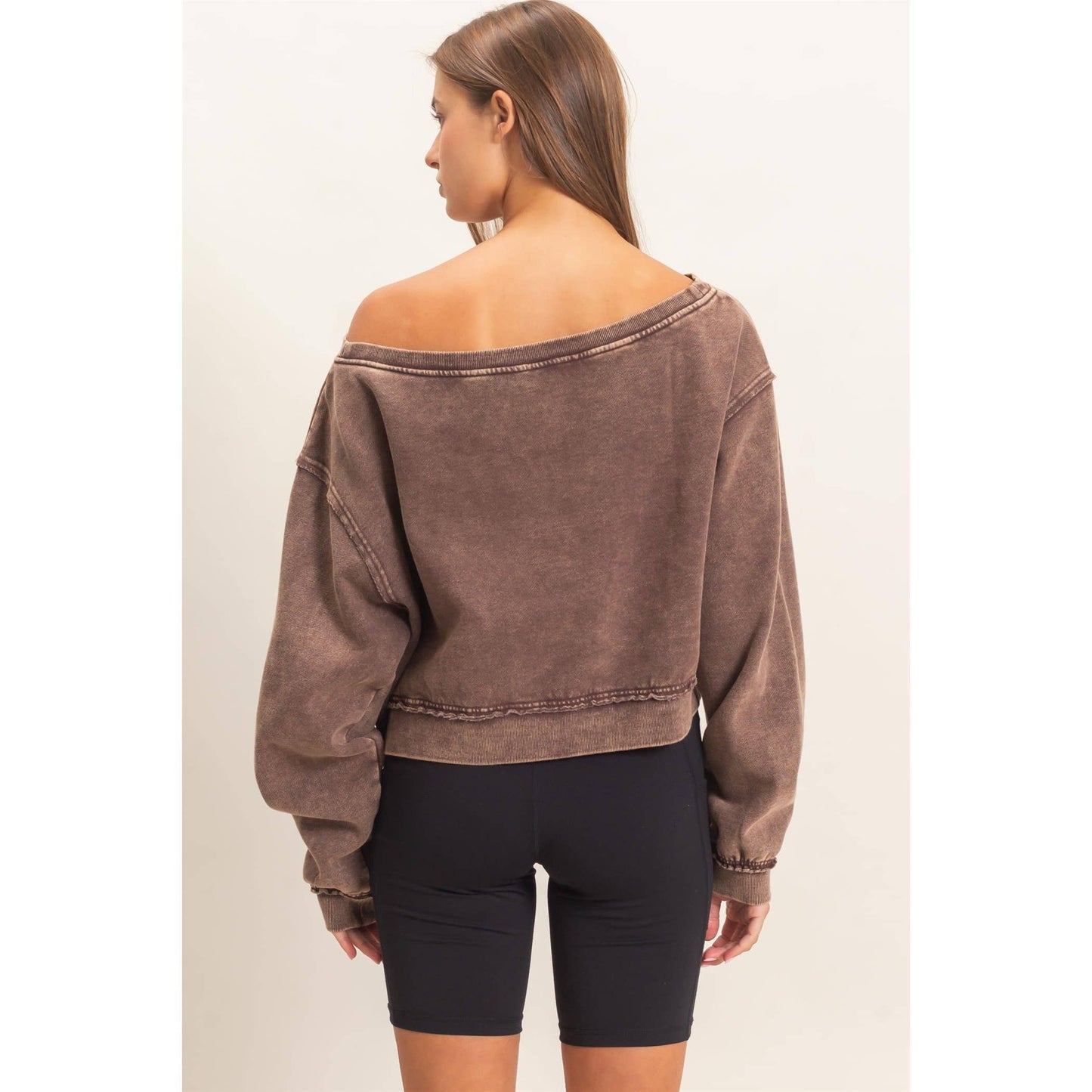 Raw Edge Acid Wash Off The Shoulder Sweatshirt-Brown