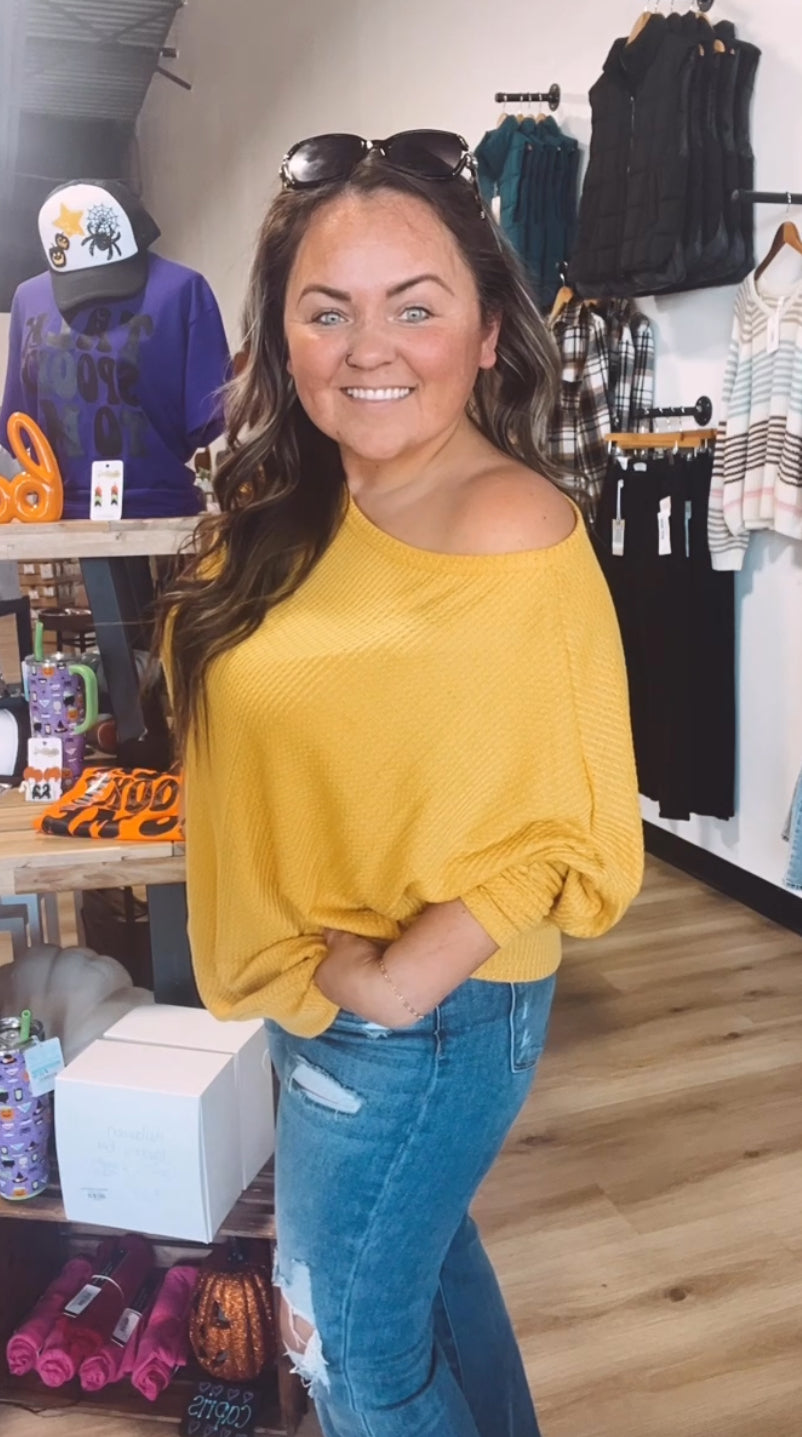 Whitney’s off the shoulder waffle knit top-Mustard