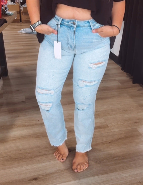 Light wash distressed mom jeans