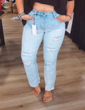 Light wash distressed mom jeans