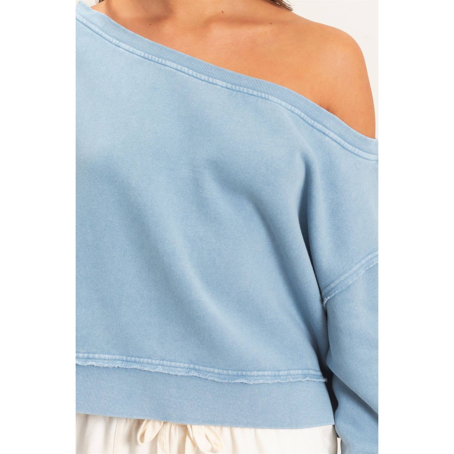 Raw Edge Acid Wash Off The Shoulder Sweatshirt-Brown
