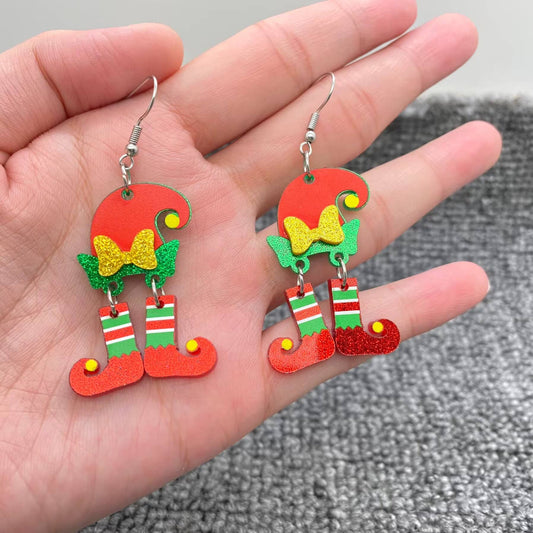 Christmas Acrylic Hat & Boots Linked Dangle Earrings