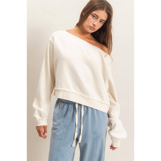 Raw Edge Acid Wash Off The Shoulder Sweatshirt-White