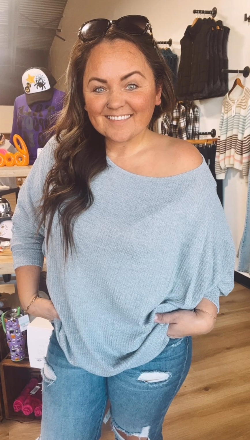 Whitney’s off the shoulder waffle knit top-Grey