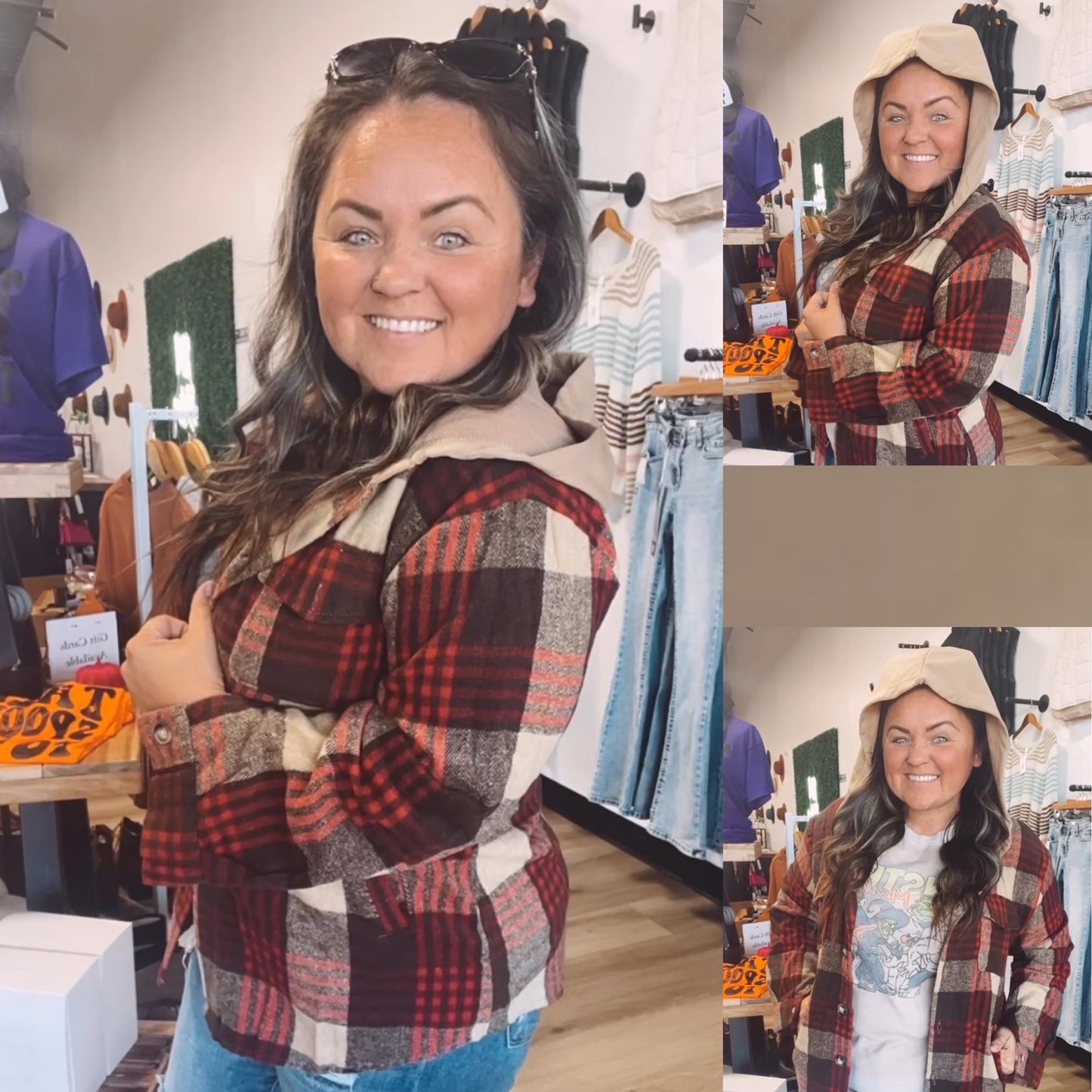 Olivia’s Oversized plaid flannel shacket with hoodie and pockets-Red