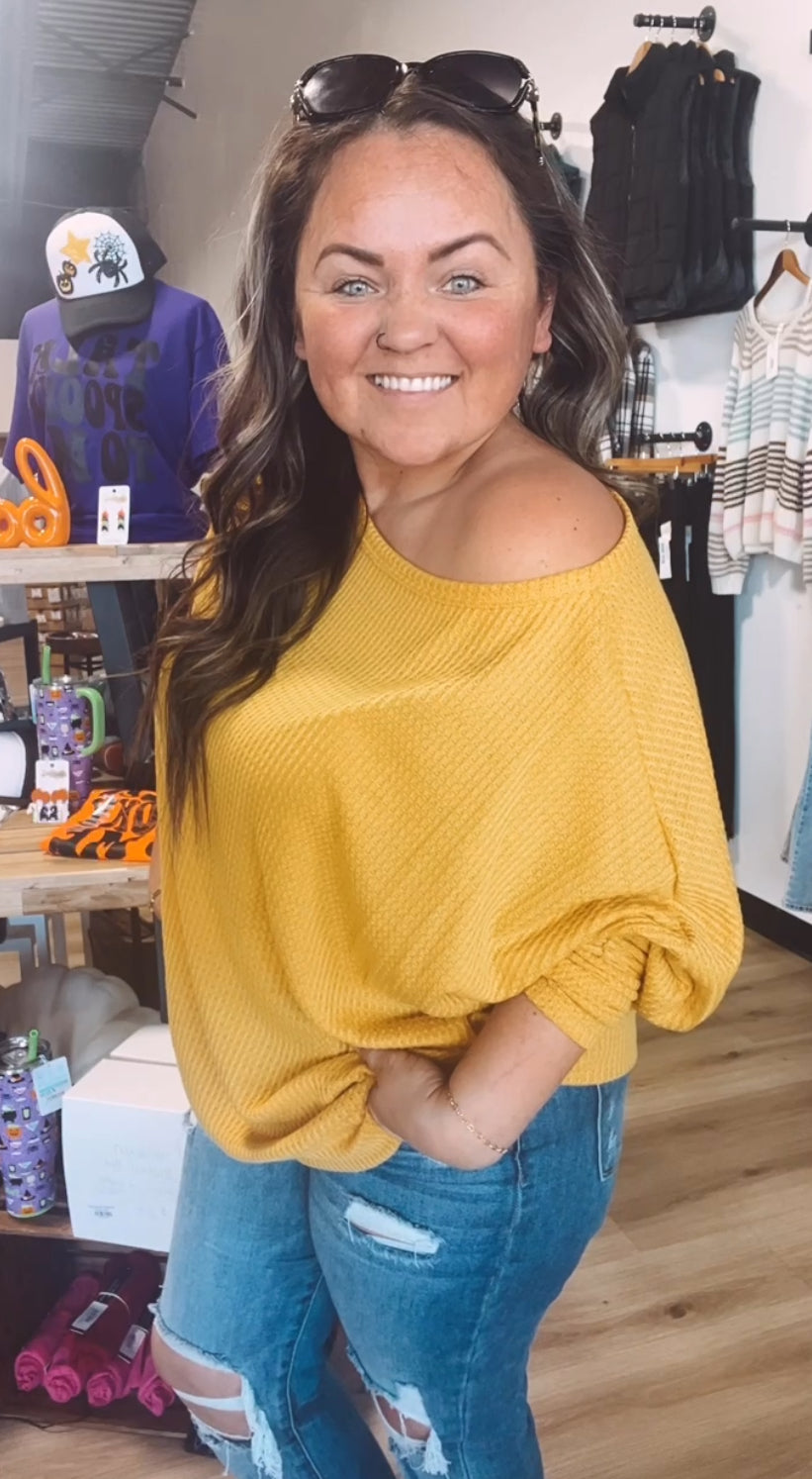 Whitney’s off the shoulder waffle knit top-Mustard