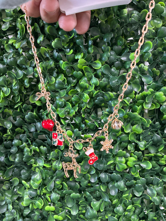 Light bulb, present, reindeer charm necklace