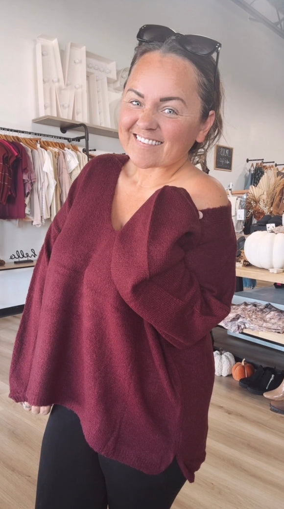 Wide V-Neck Oversized Sweater Top with Side Slit