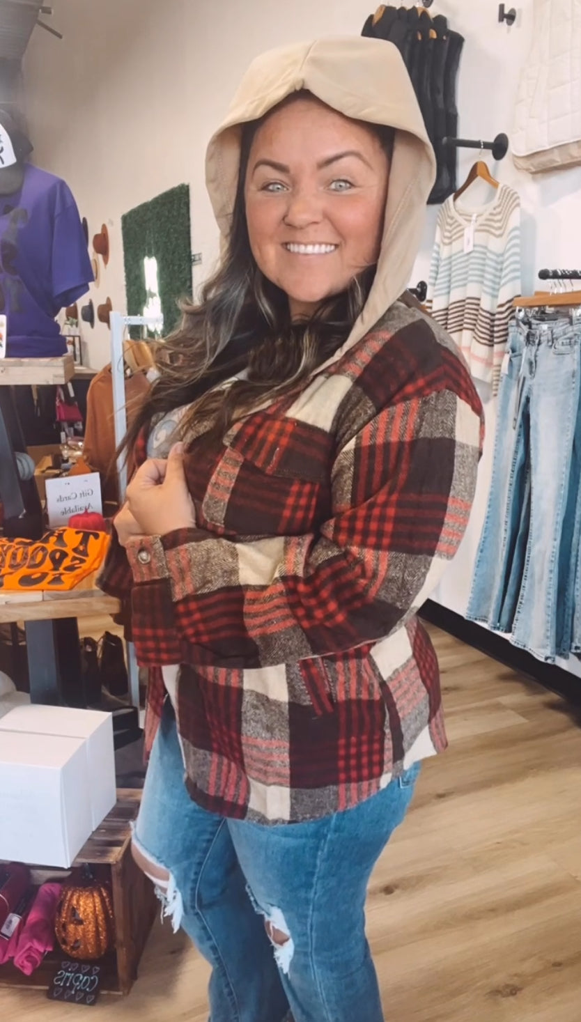 Olivia’s Oversized plaid flannel shacket with hoodie and pockets-Red