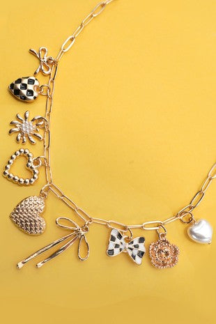 Checkered heart pearl bow multi charm link necklace