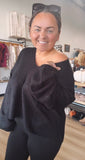 Wide V-Neck Oversized Sweater Top with Side Slit