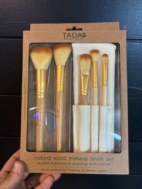 5 pk Wood make up brush set w/bag