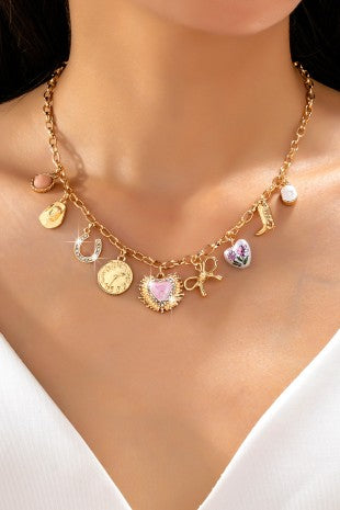 Pink heart & western charm necklace