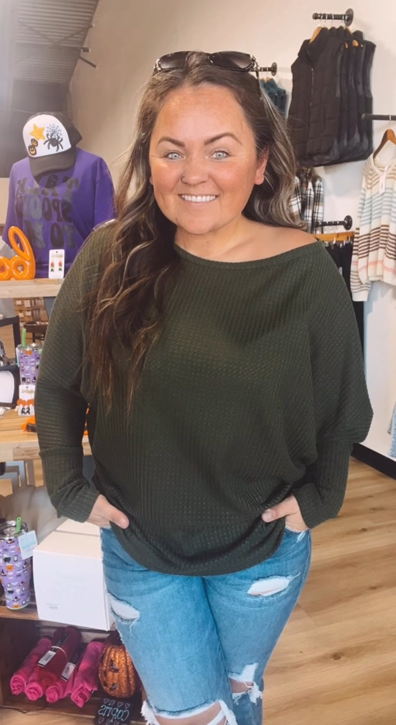 Whitney’s off the shoulder waffle knit top-Olive