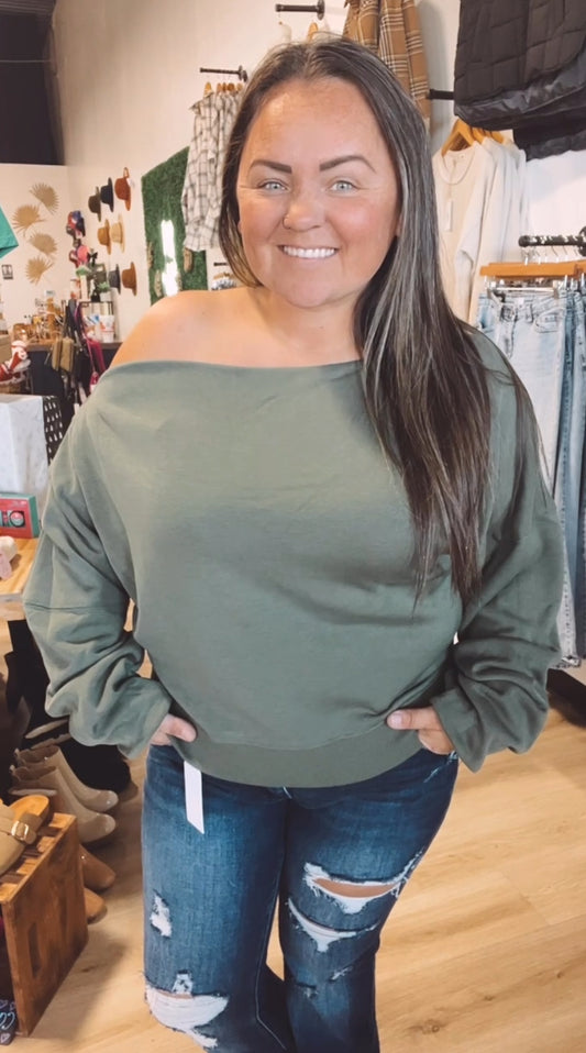 Minnie’s mineral washed off the shoulder sweater top-Olive